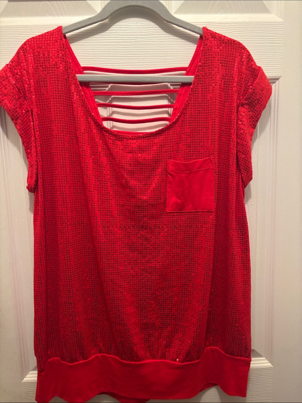 Faded Glory Red Sequin Short Sleeve Top with Strappy Back